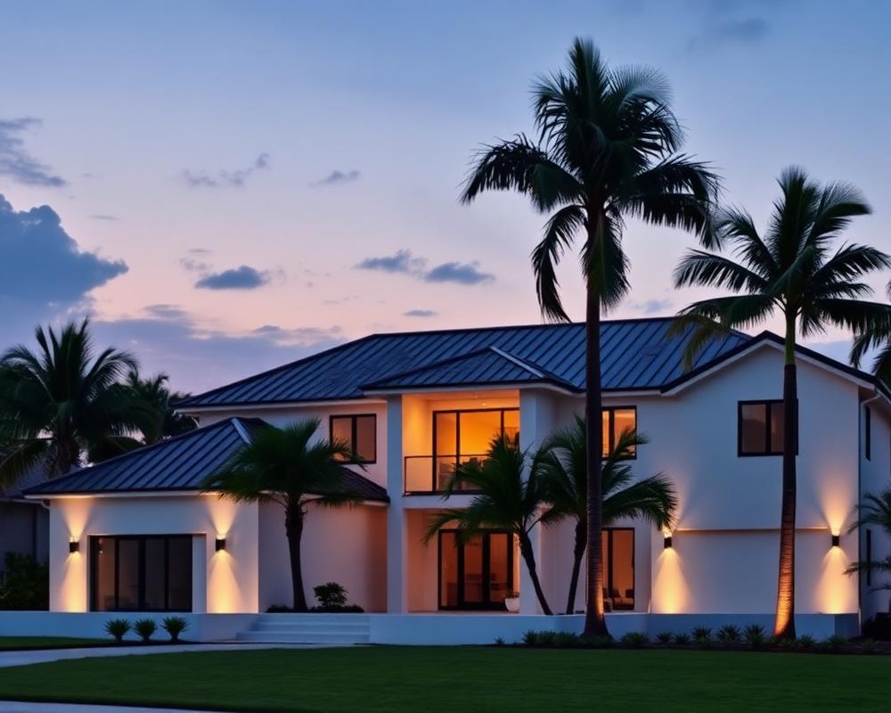 Modern coastal home with a dark standing seam metal roof at dusk