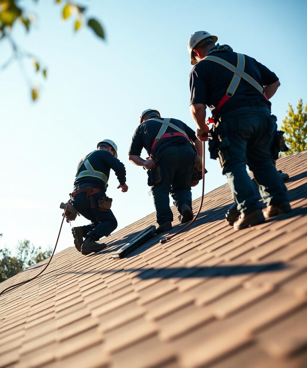 Roofing crew installing shingles on a residential roof